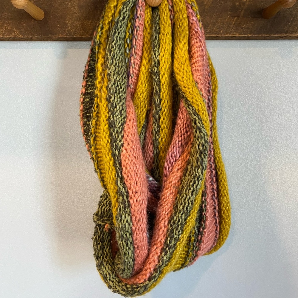 Knit Infinity Scarf in Yellow, Olive Green, & Dusty Pink